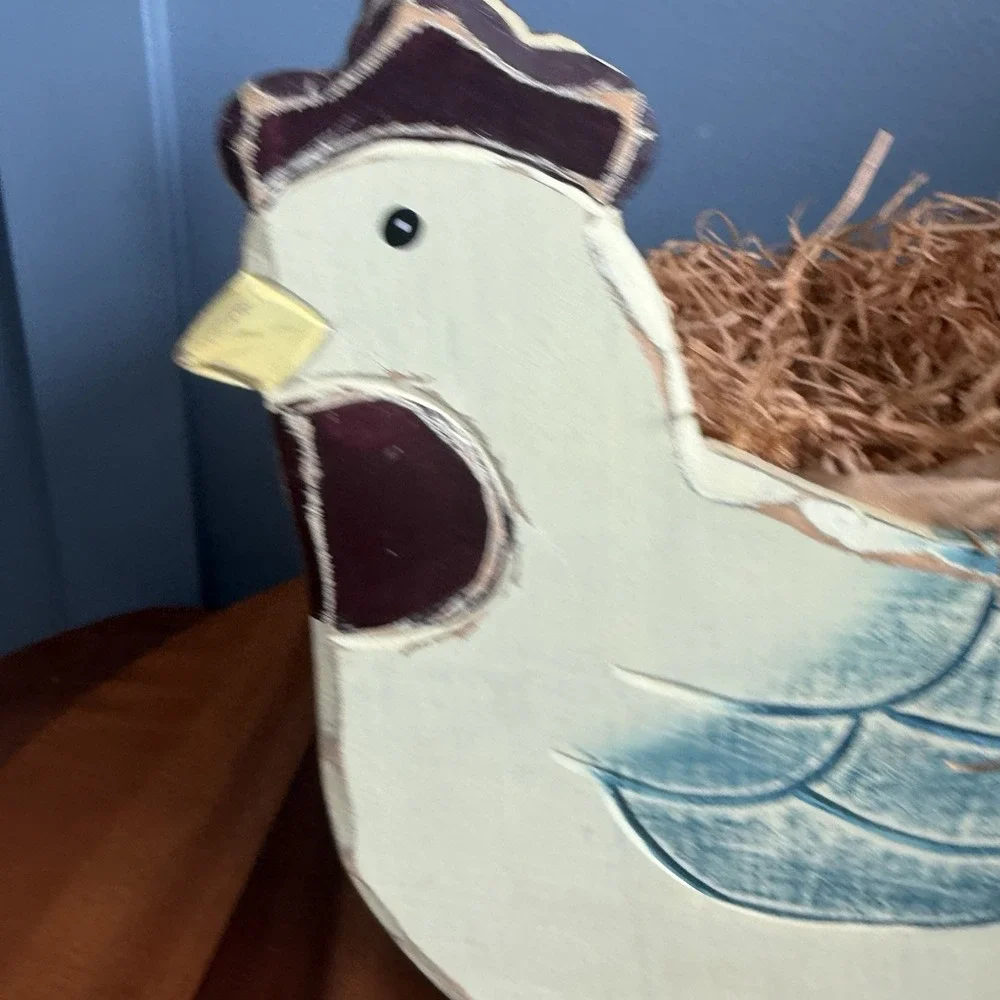 Vintage Hand Painted Wood Chicken Hen Basket Primitive Country Farmhouse Decor